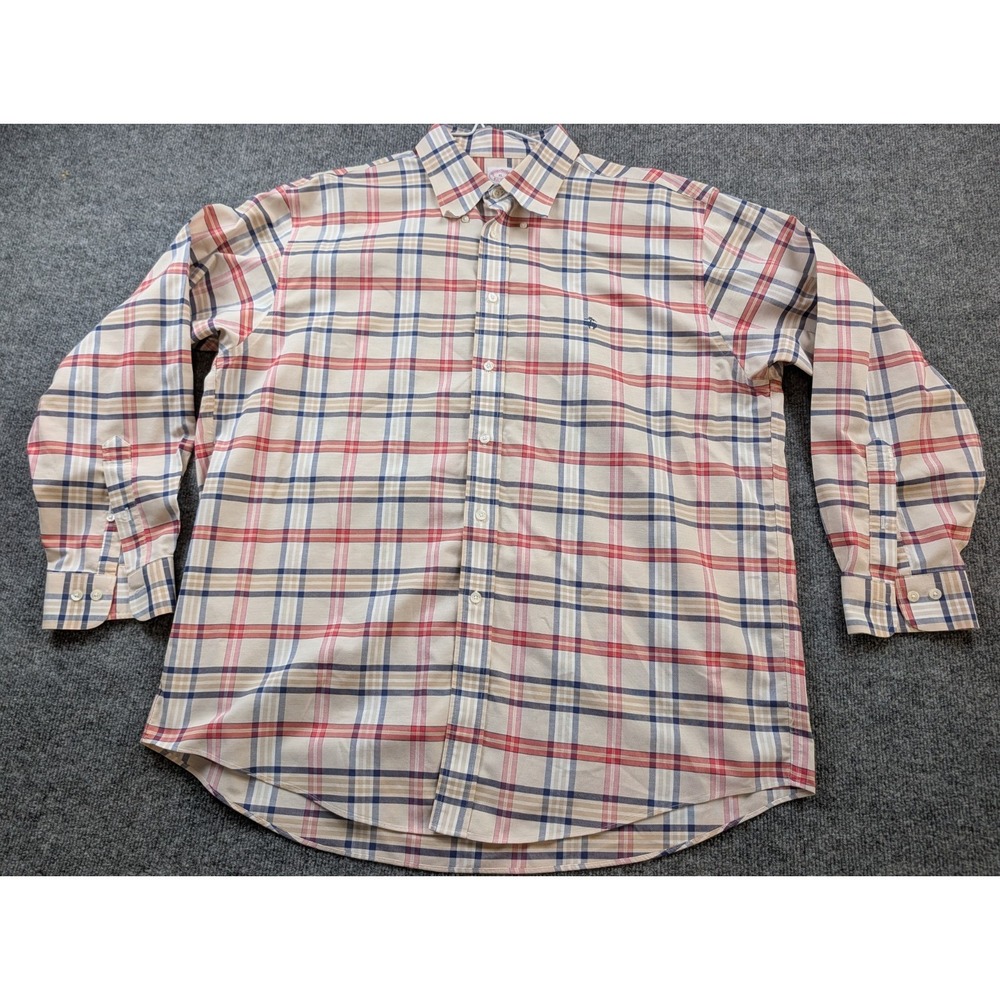 Brooks Brothers Madison Shirt Mens XL Non-Iron Cotton Plaid Tan Red Blue L/S
